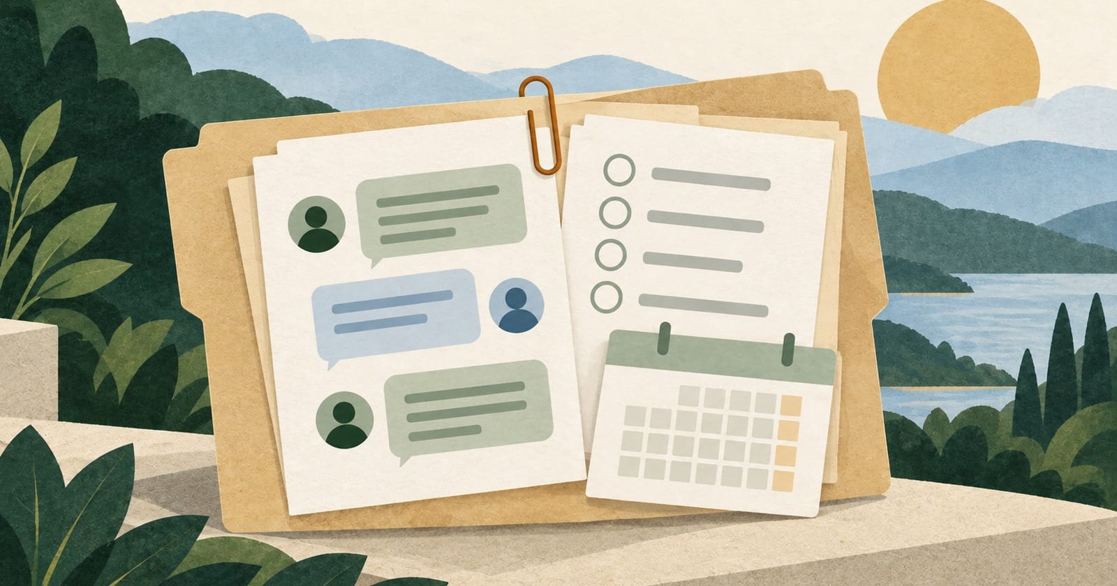 Open folder containing an abstract message, blank-circle checklist and calendar card.