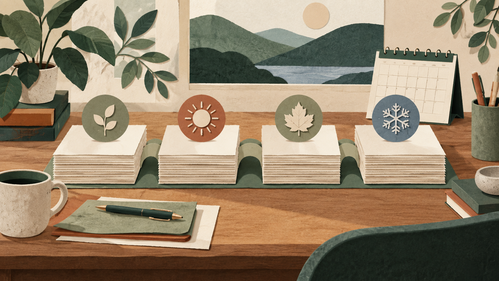 Illustration of four seasonal stacks of paper and a calendar representing repeated checks and updates.