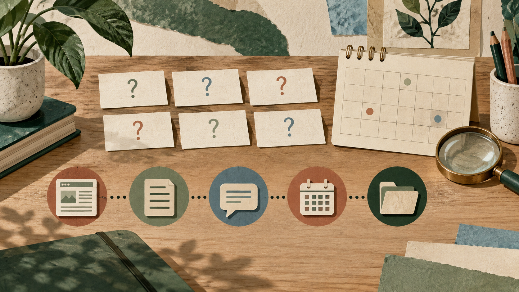 Illustration of question cards, a calendar, a magnifying glass, and five stage icons for a page, document, message, calendar and folder.