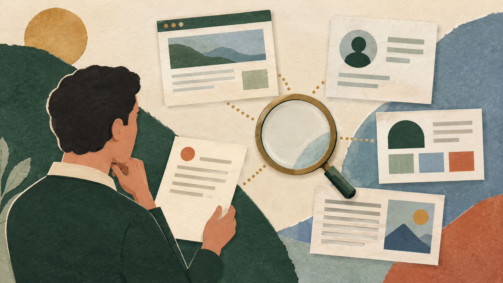 Illustration of a person comparing a note with abstract website, profile, service and article cards through a magnifying glass