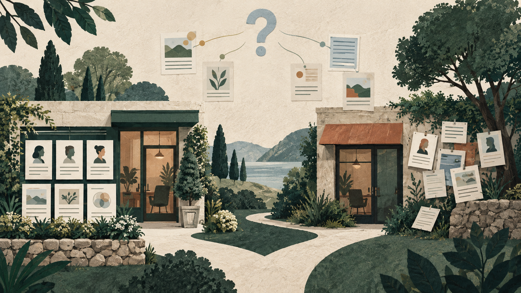 Illustration of two fictional advisory offices with contrasting public information displays and a question connecting to source cards.