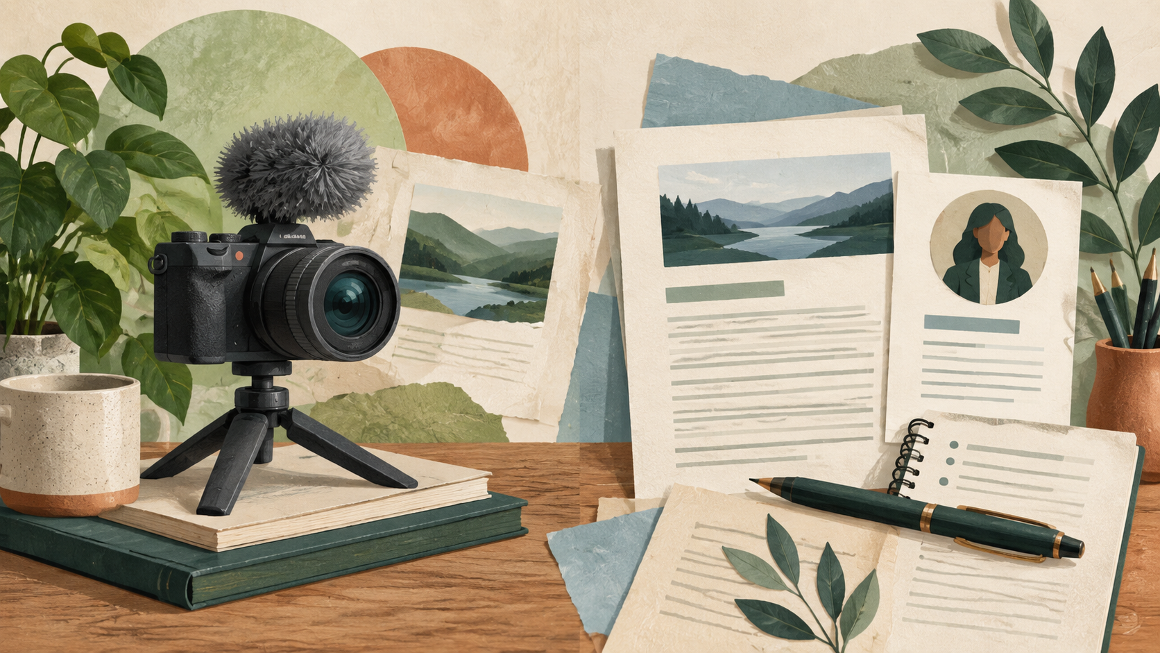 Illustration of a video camera beside researched article pages, public profile cards, and source notes on a desk.