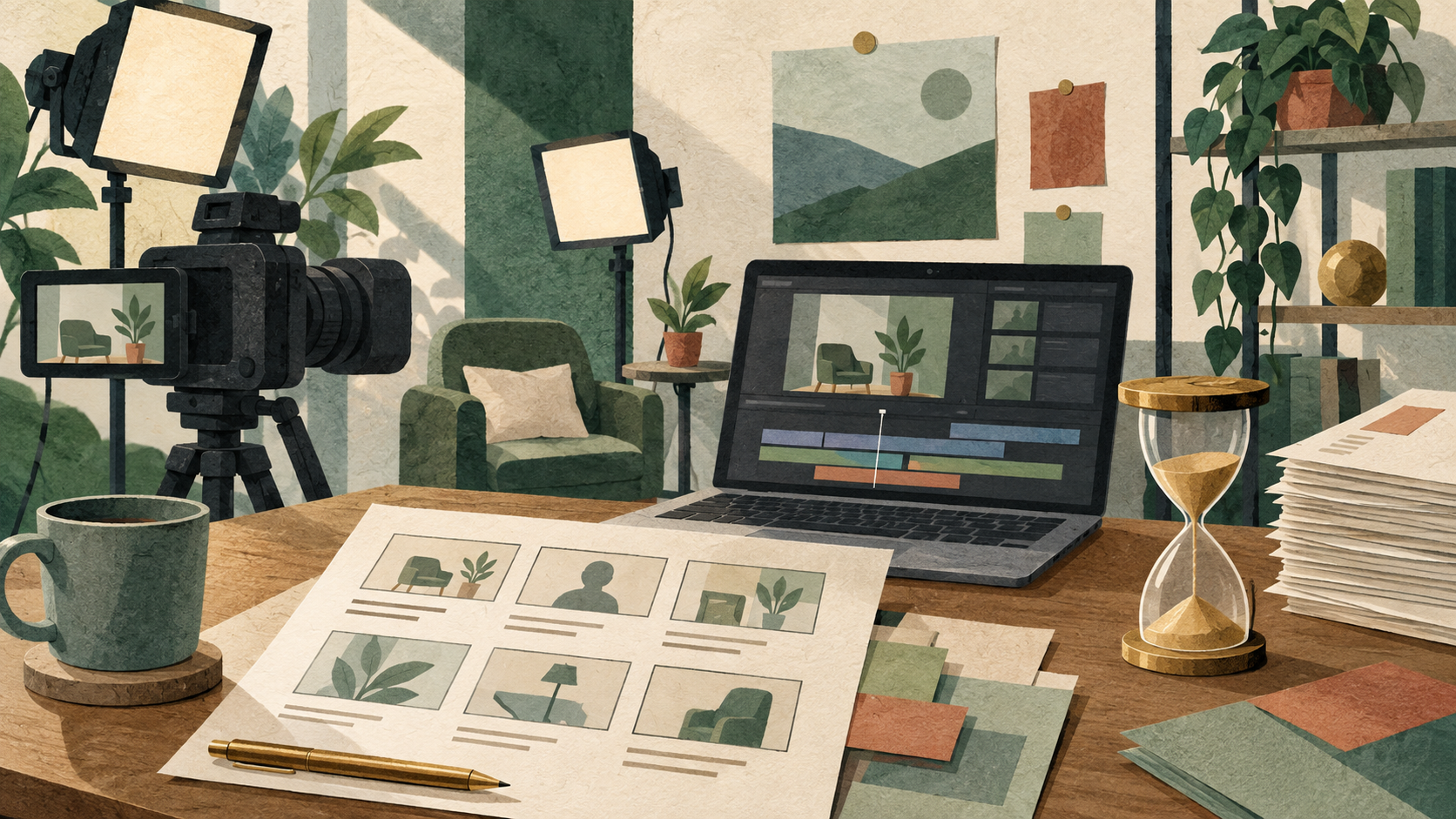 Illustration of a camera, lights, editing screen, storyboard, invoices, and hourglass in a small video-production space.