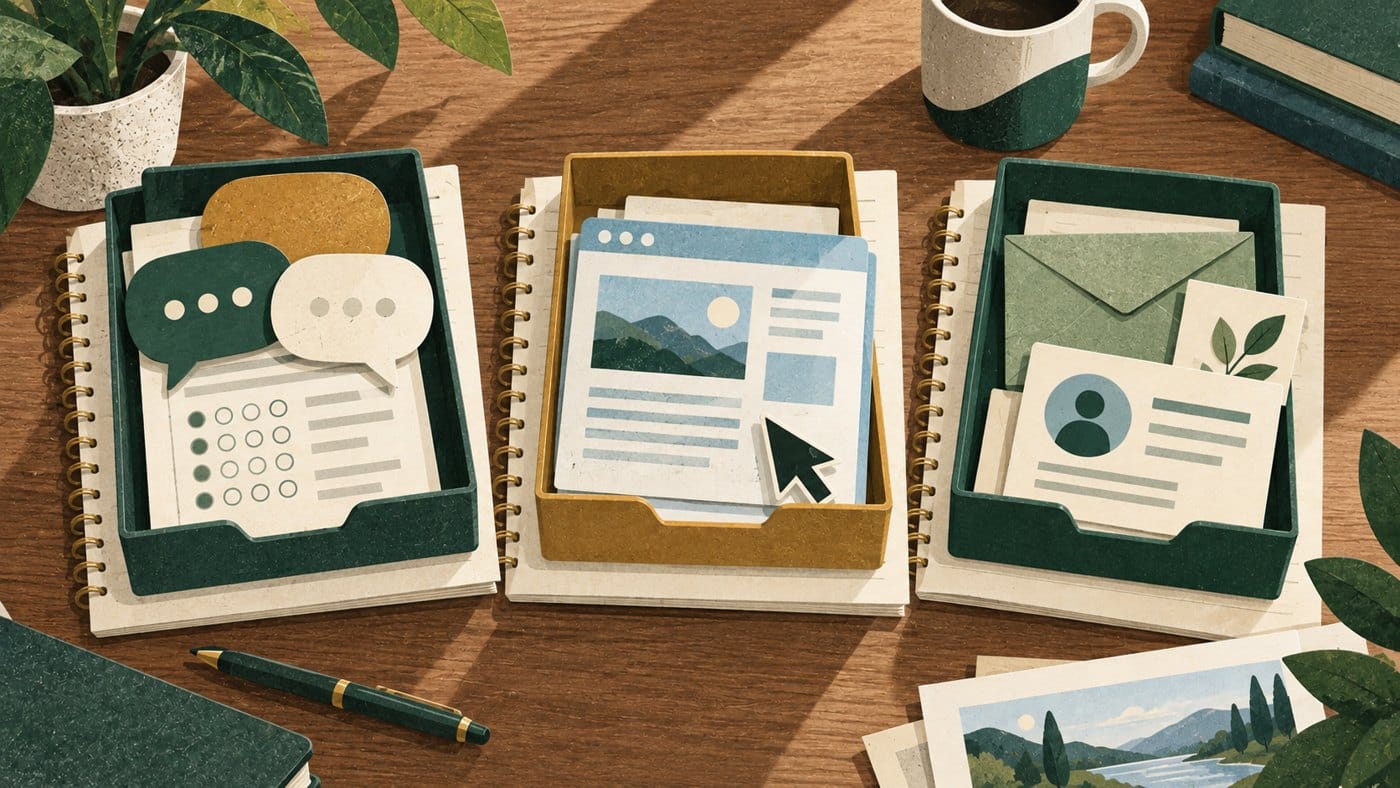 Conceptual textured editorial desk with separate trays for answer records, website events and inquiry records. The evidence groups are not a measured user journey.