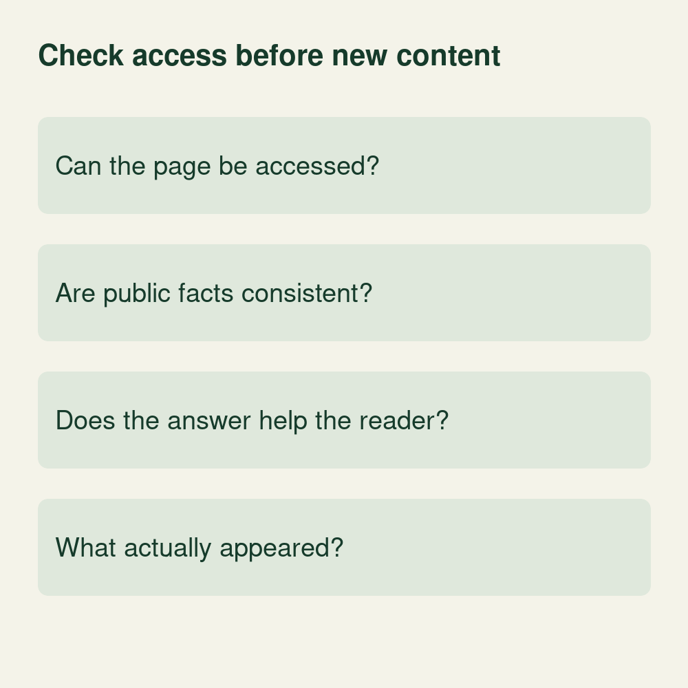 Conceptual website review checking page access, consistent public facts, a useful answer and observed appearances.