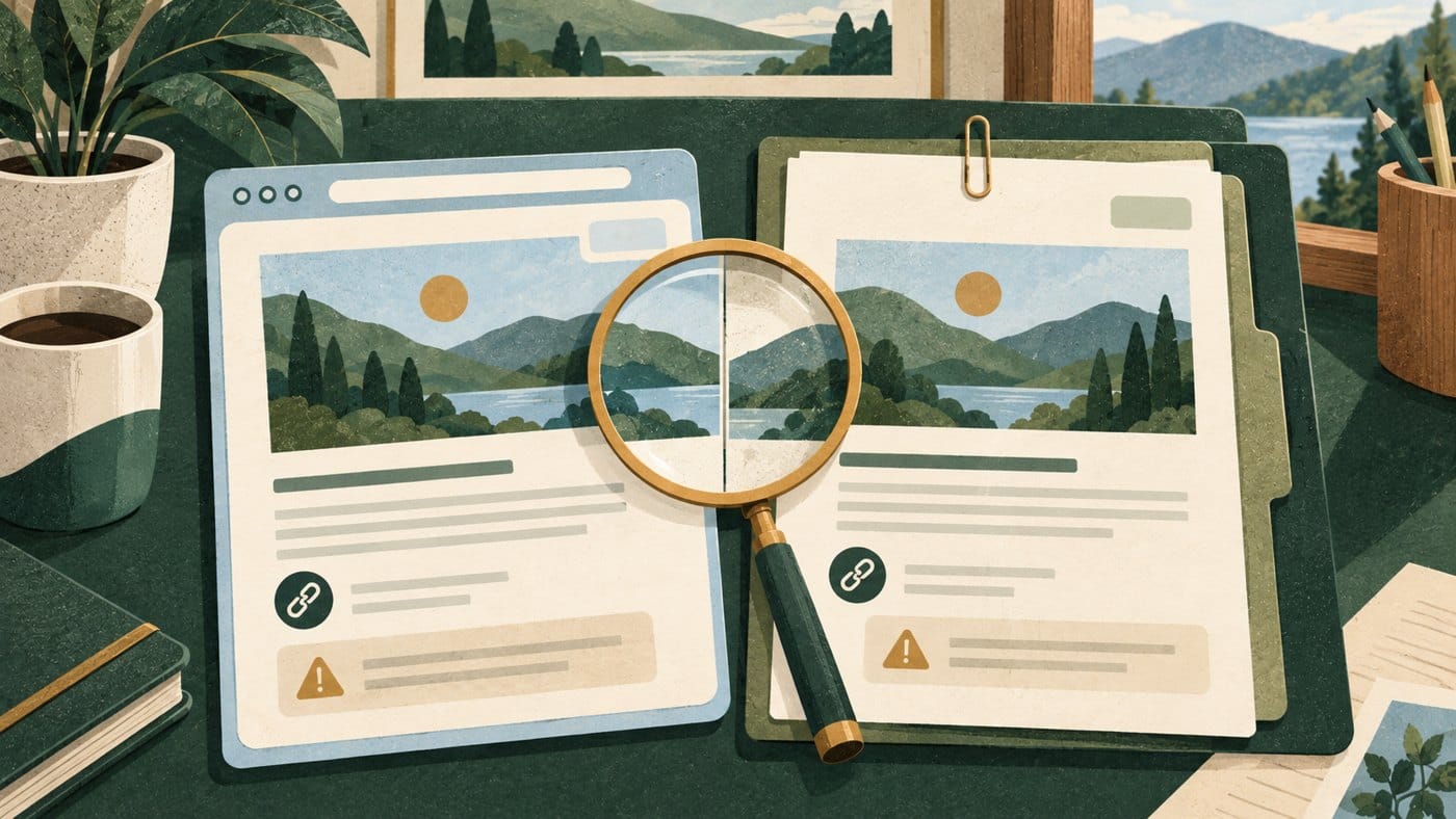 Conceptual textured comparison of webpage and printed guide, with matching content, version tabs, sources and limitations under a magnifying glass.