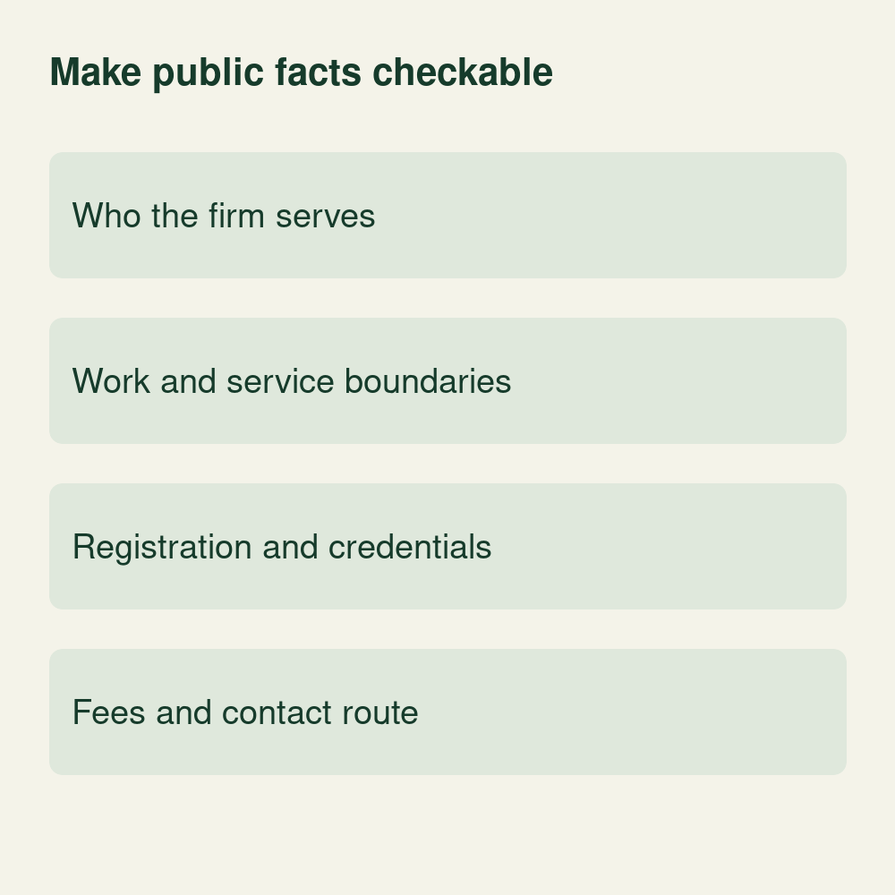Conceptual public-facts review covering client fit, work and boundaries, registration and credentials, fees and the contact route.