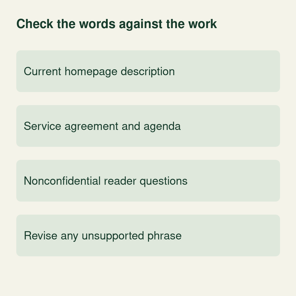 Conceptual claim review comparing the homepage with the service agreement, meeting agenda and nonconfidential questions before revising unsupported words.