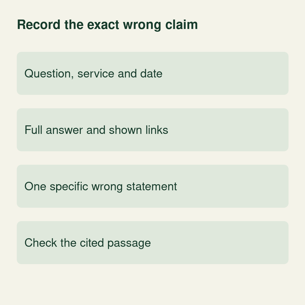 Conceptual AI-error record showing the question, service and date, full answer and links, a specific wrong statement and a check of the cited passage.