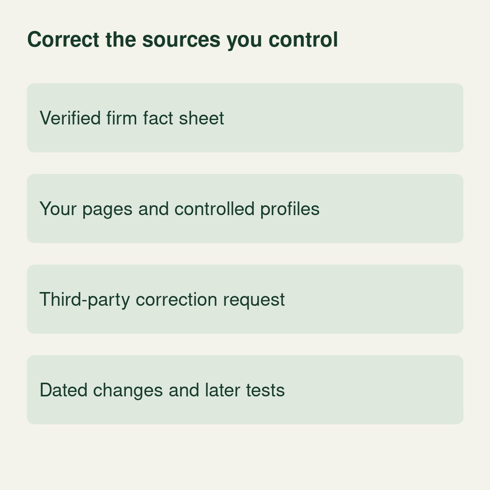 Conceptual firm-fact correction record linking verified facts, controlled pages and profiles, third-party correction requests, dated changes and later tests.