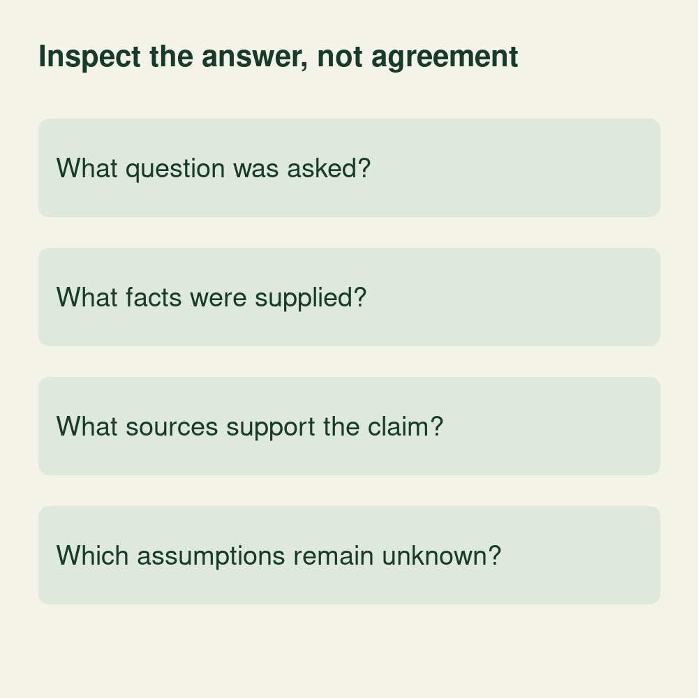 Conceptual AI-answer review checking the question, supplied facts, source evidence and assumptions that remain unknown.