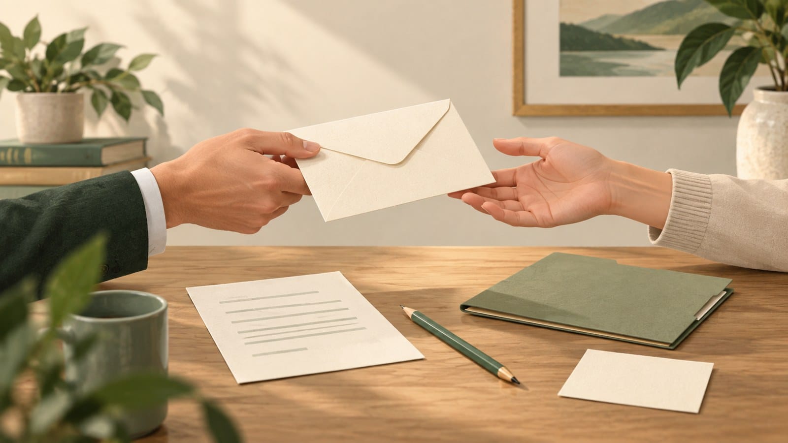Conceptual illustration of an envelope and note prepared for a careful handoff