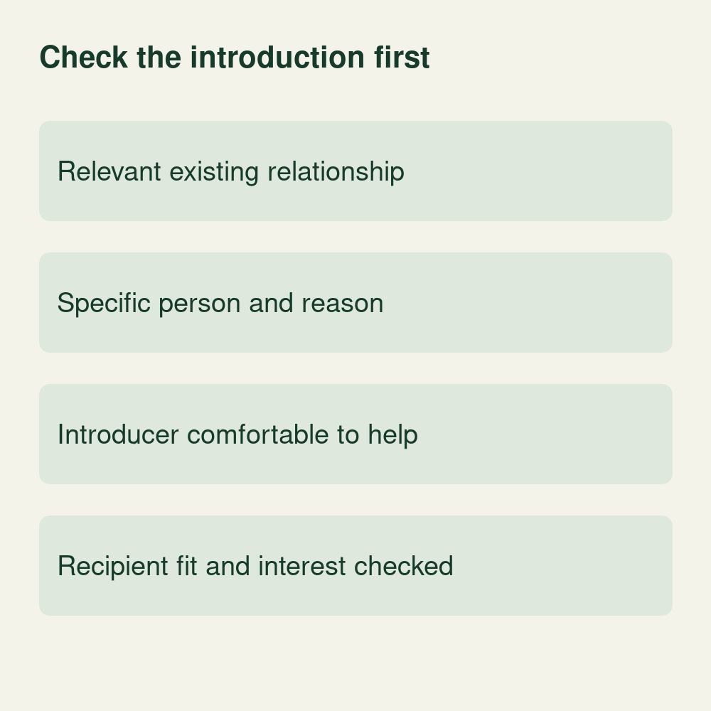 Conceptual introduction review checking the existing relationship, specific person and reason, introducer willingness, and recipient fit and interest.