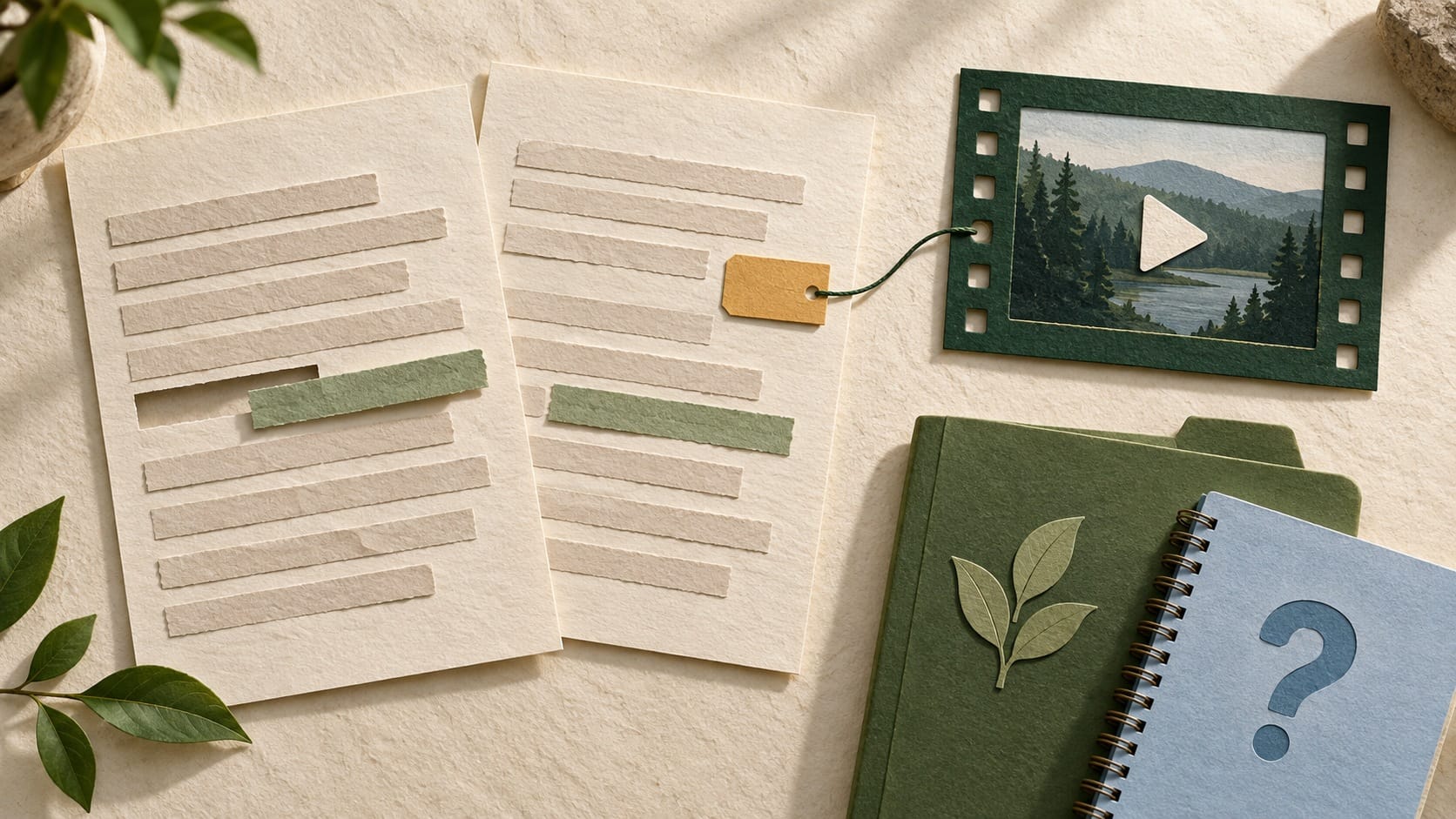 Conceptual revised paper sheet linked to a playback frame, with a separate leaf-marked folder and question notebook.