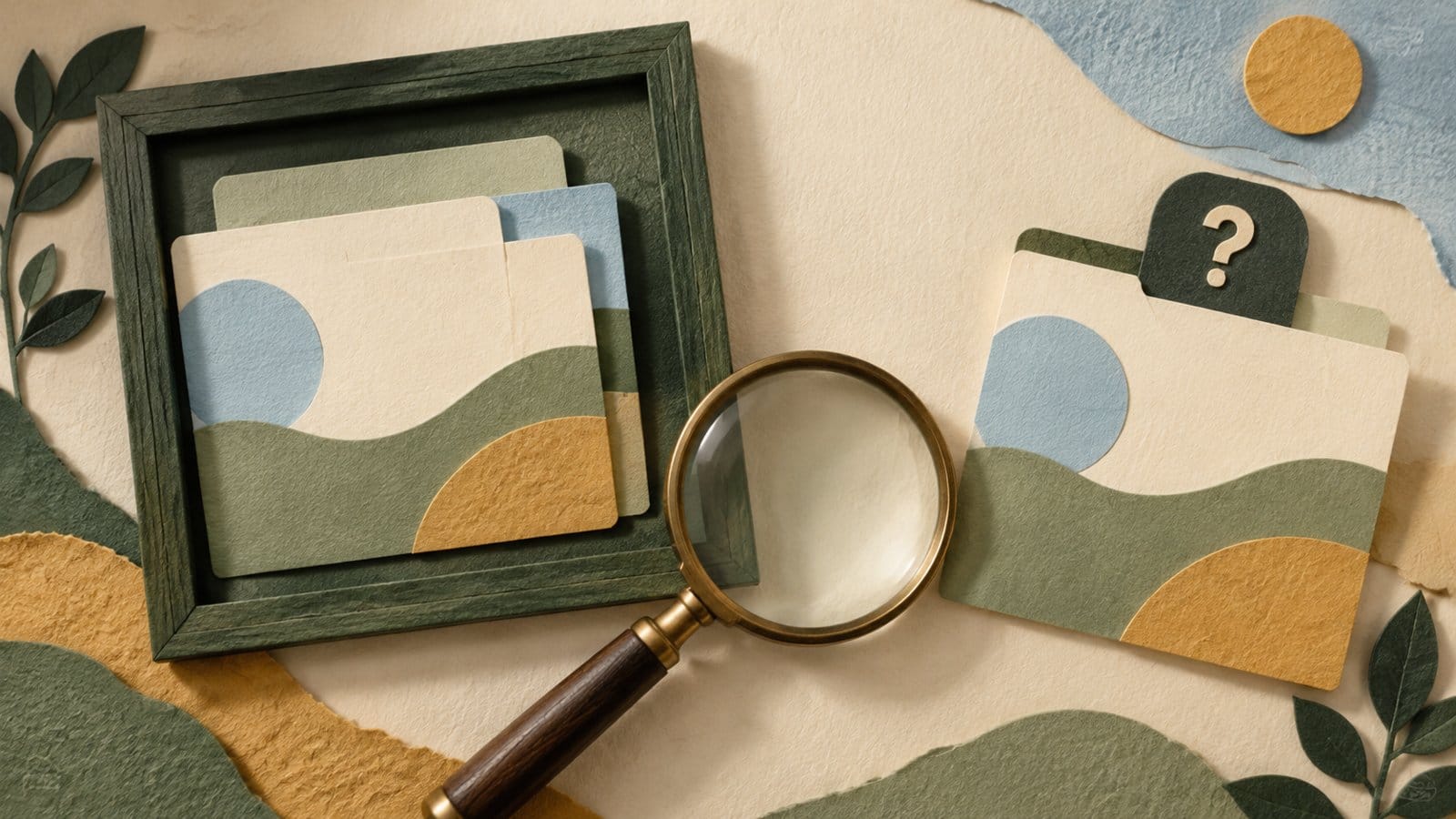 Conceptual account cards inside and outside a frame beside a magnifying glass and a question tab.