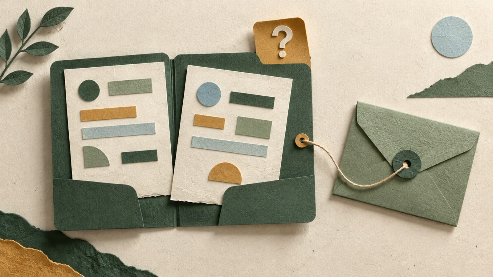 Conceptual mismatched record slips kept apart beside a question tab and follow-up envelope.