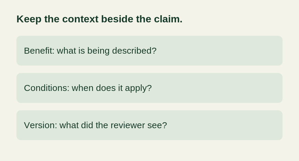 A benefit statement and its conditions remain together in a review card, separate from a generic footer.