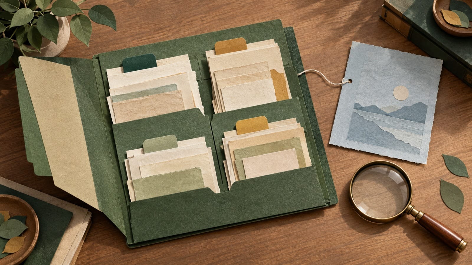 Conceptual folder with separate transaction slips, source sheet and a magnifying lens.