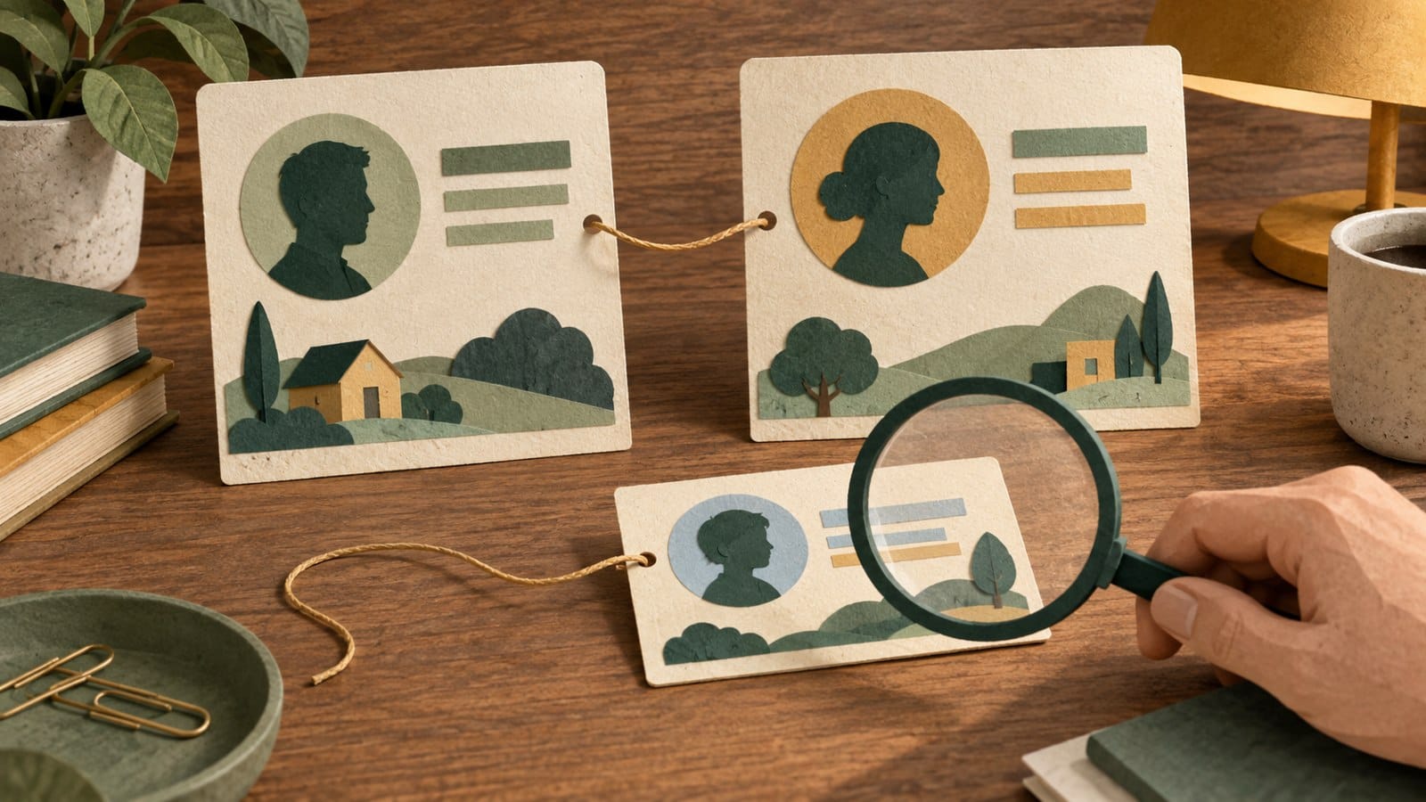 Conceptual record cards with connecting strings and an unresolved activity card under a magnifying glass.