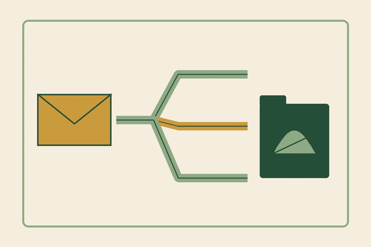 Conceptual newsletter envelope, separate paper routes and leaf-marked record folder.
