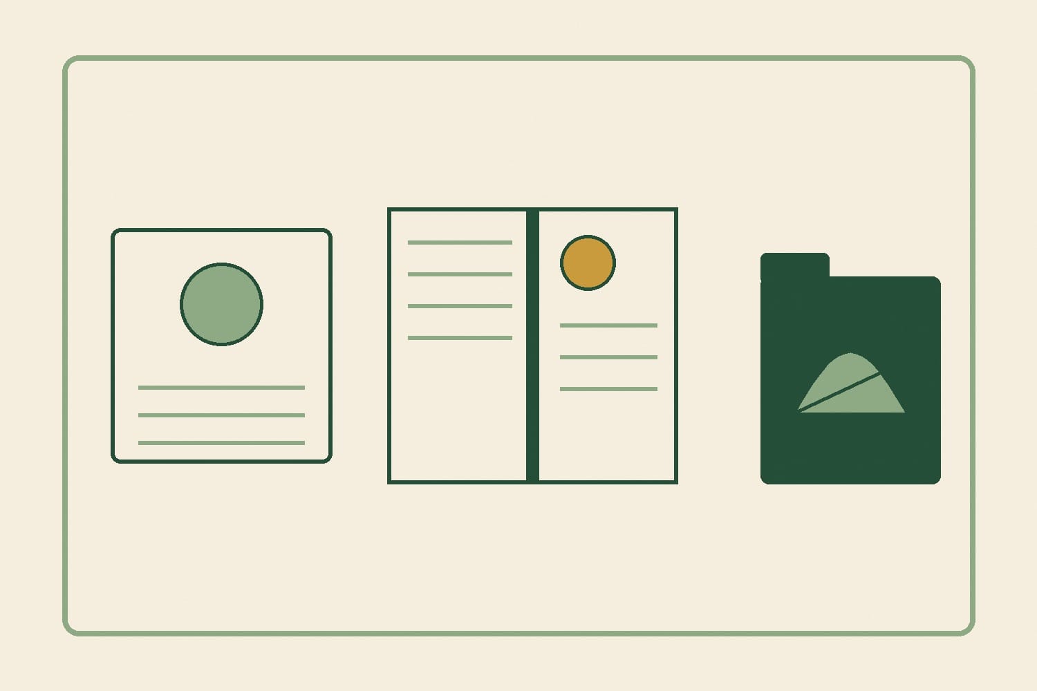 Conceptual confirmation slip, question notebook and separate leaf-marked record folder.