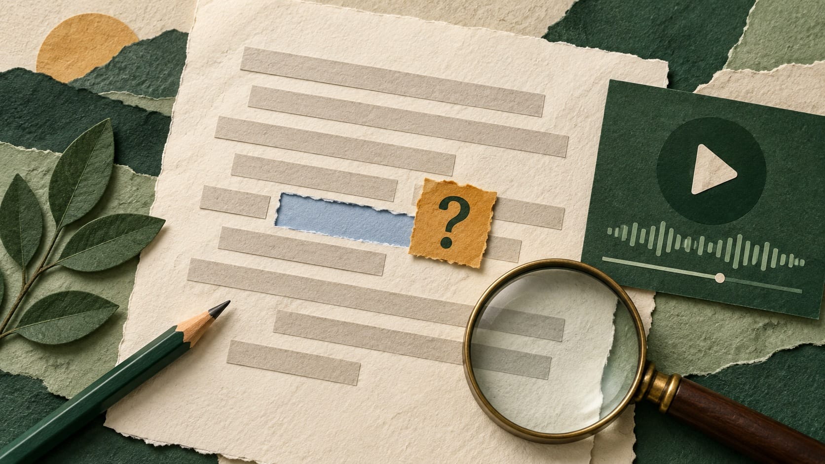 Conceptual transcript sheet with an open gap, question tab and playback tile under a magnifying glass.
