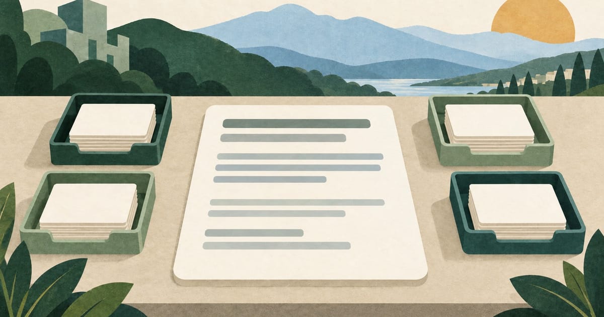 Service document and four separate trays of paper tokens on a desk.