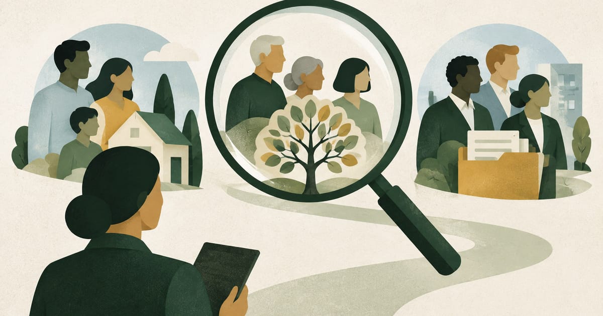 Illustrated client groups and planning decisions viewed through a magnifying glass.