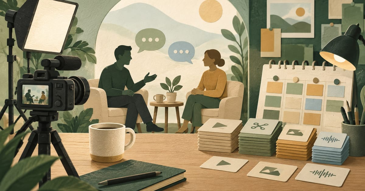 Video interview setup with production materials and a content calendar.