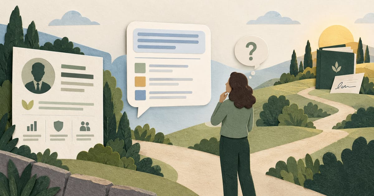 An advisor profile and AI-style answer near a person considering whether to make an inquiry.