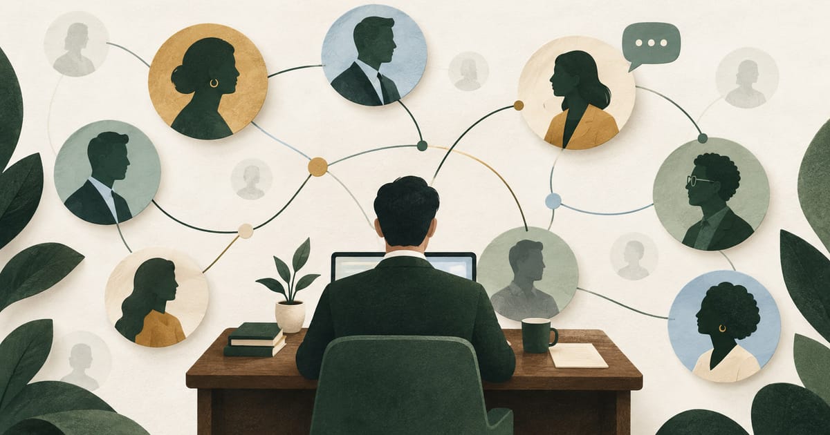 Illustrated advisor reviewing a network of professional relationships.