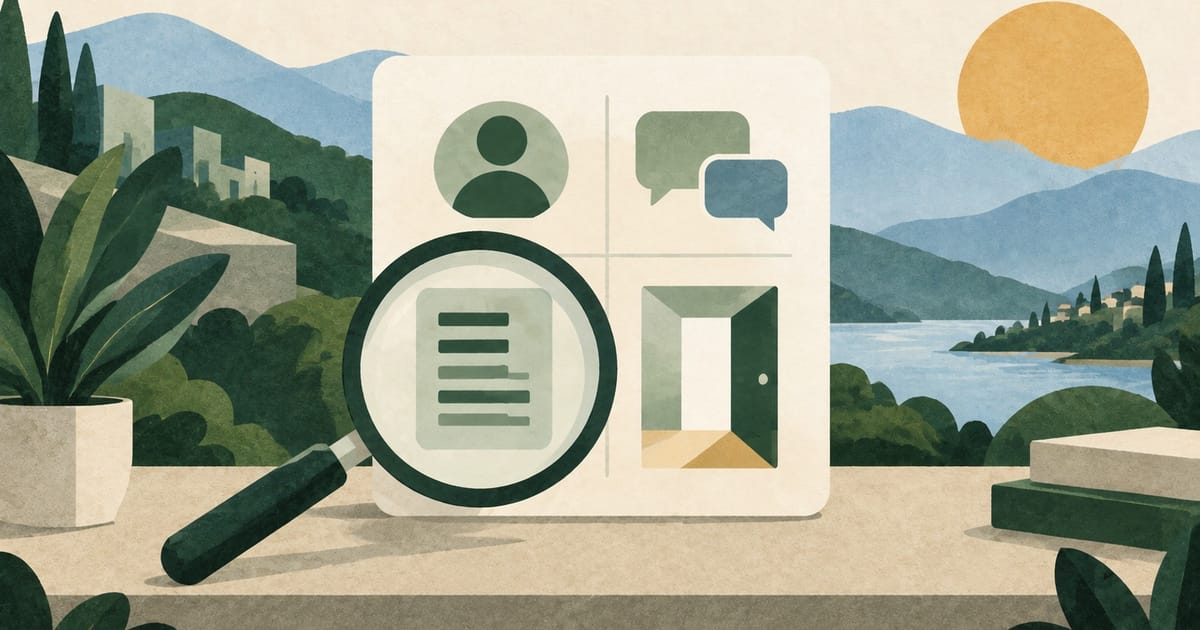 Magnifying glass over a service document on a card with person, conversation and open-door symbols.