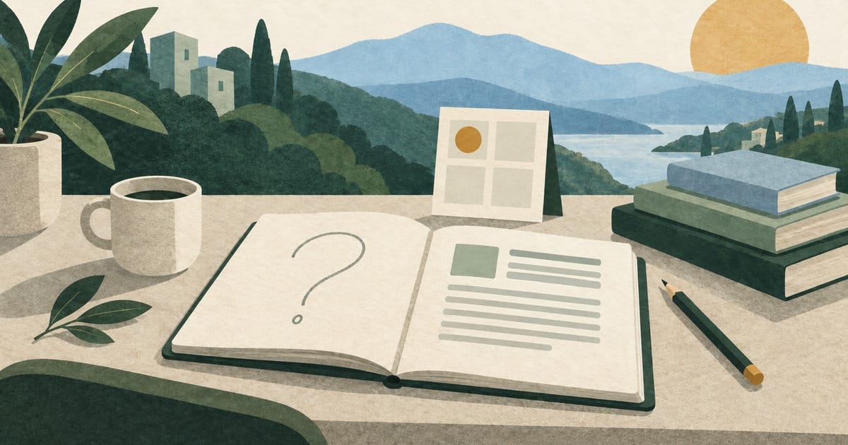 Open notebook with a question mark and an abstract article page, beside reference books and a four-panel calendar.