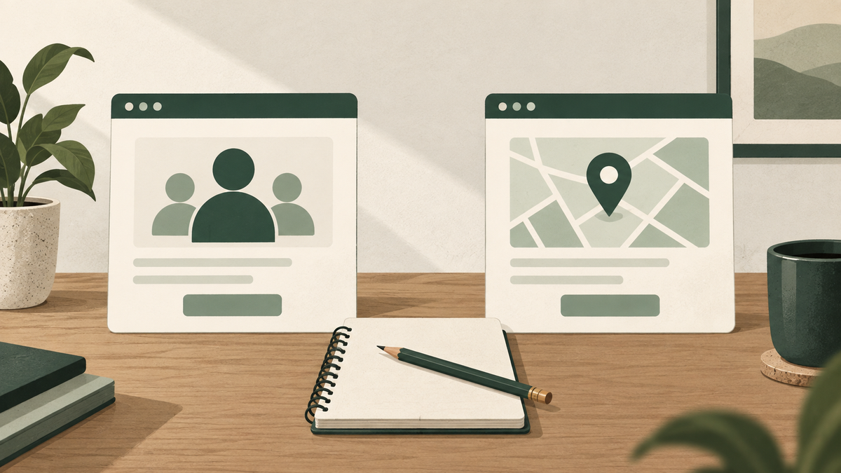 Conceptual illustration of audience and map-pin webpage cards beside a notebook.