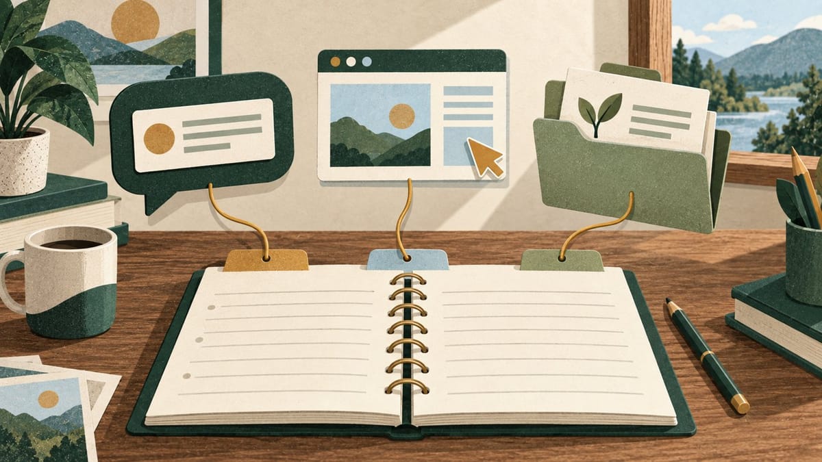 Conceptual textured editorial scene with an answer card, browser page and inquiry folder linked separately to a planning notebook. No measured acquisition path.