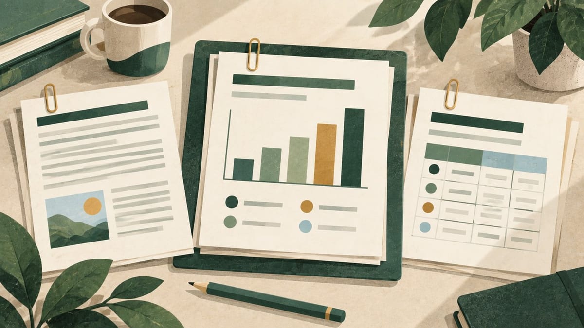 Conceptual textured editorial scene pairing an educational chart with an adjacent explanation sheet and data table. Not measured firm results.