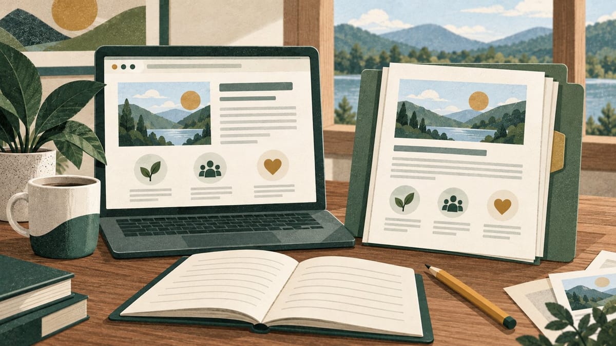 Conceptual textured editorial desk with equivalent webpage and printed guide beside a review notebook. Not actual firm documents.