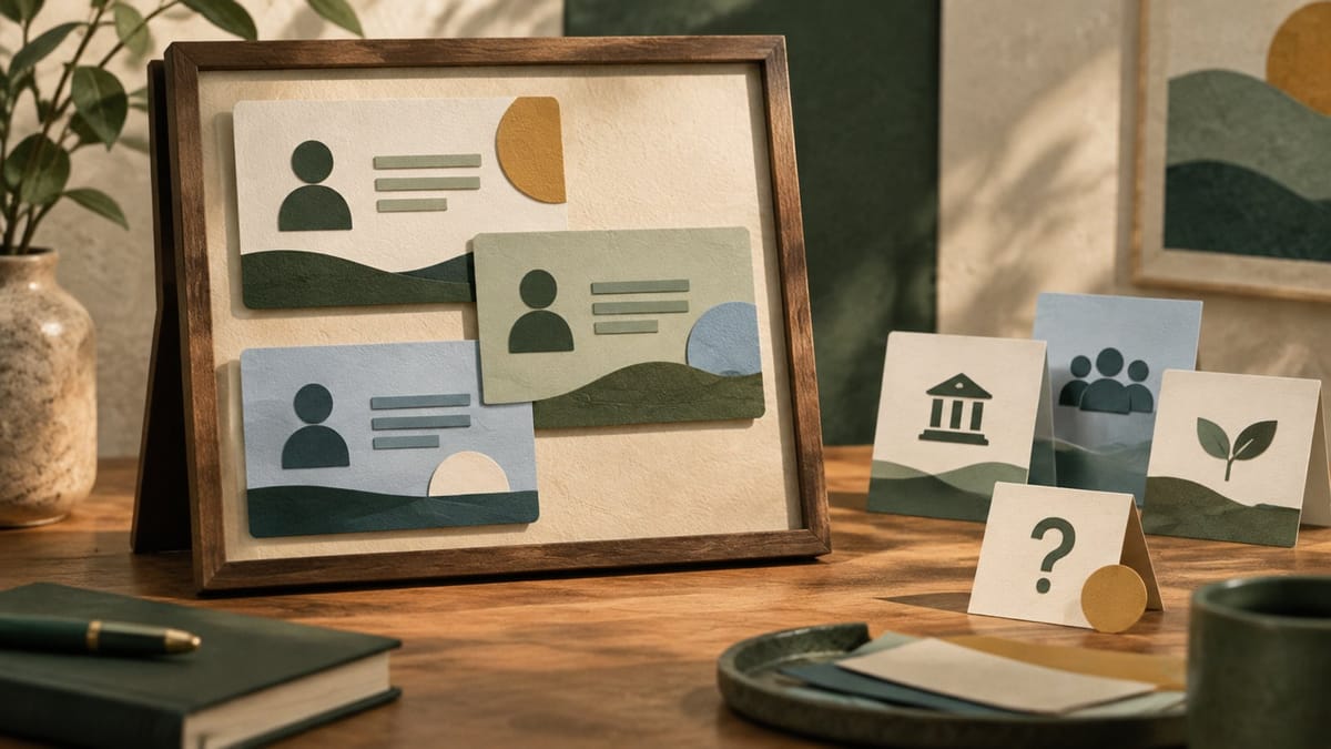 Conceptual framed display with abstract account cards, separate paper sources and an unresolved question tab.