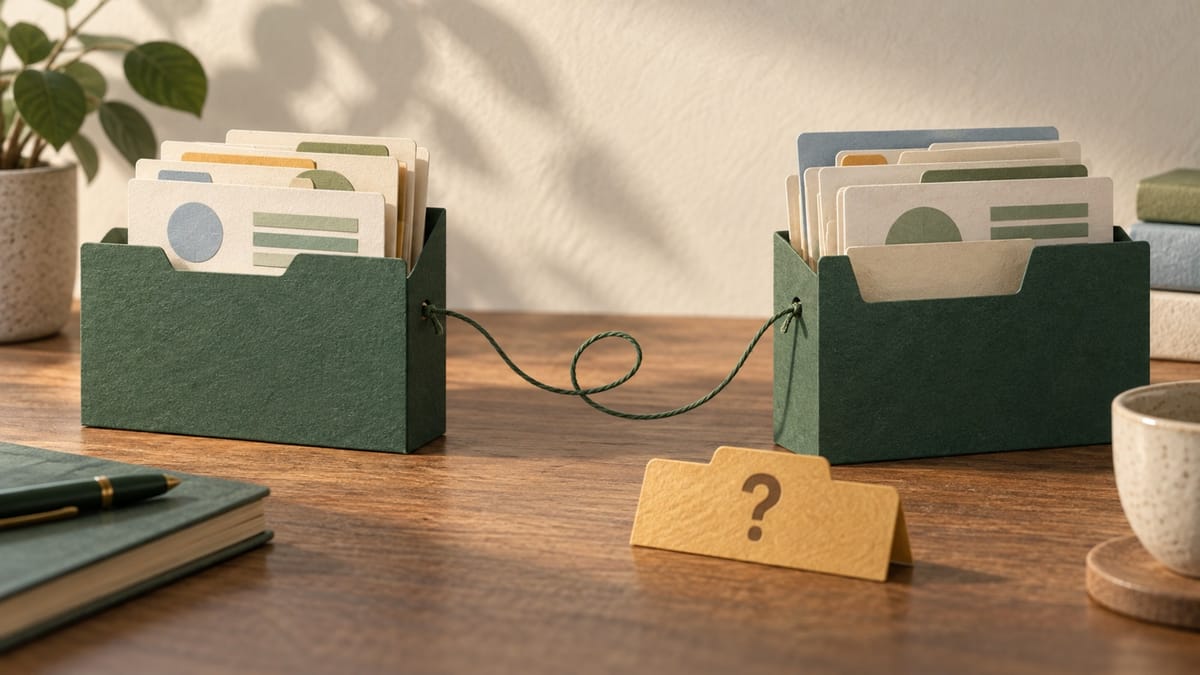 Conceptual source and received-record folders linked by a thread, with a separate unresolved-question tab.