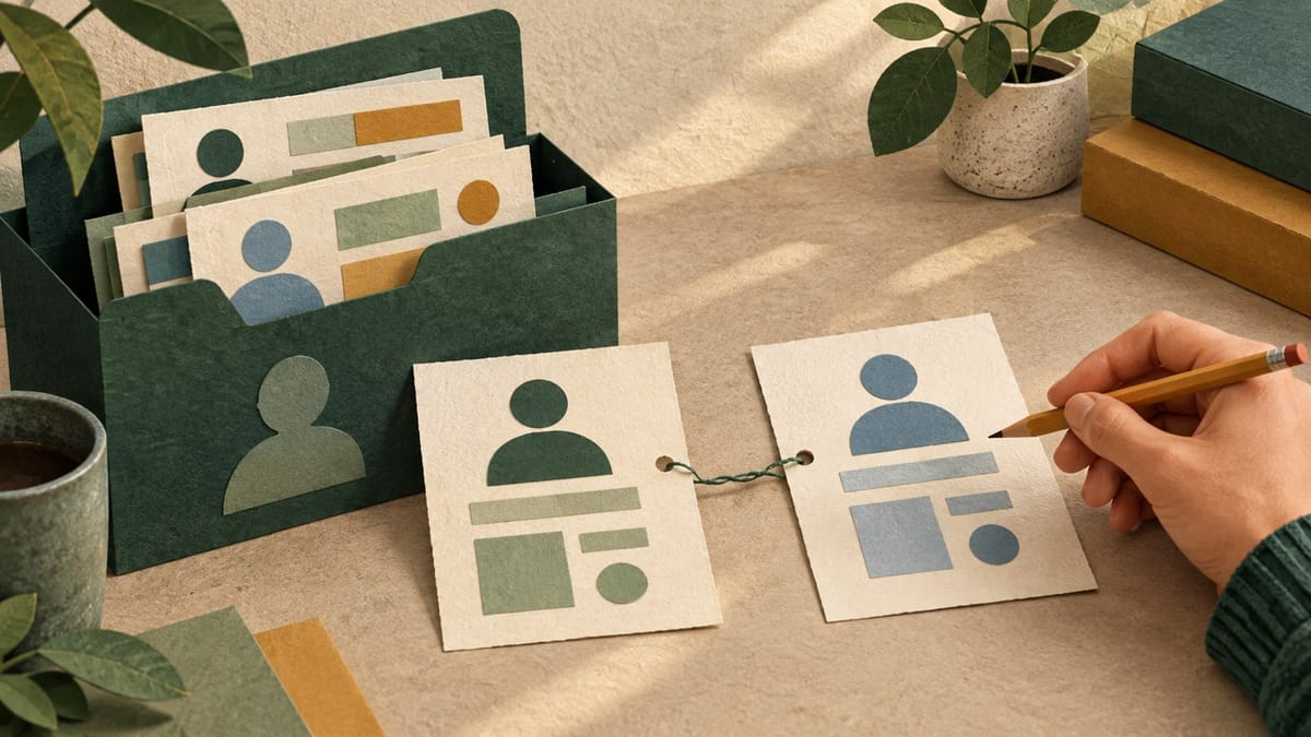 Conceptual record folder and sample sheets connected by a thread, inspected with a pencil. No actual data.