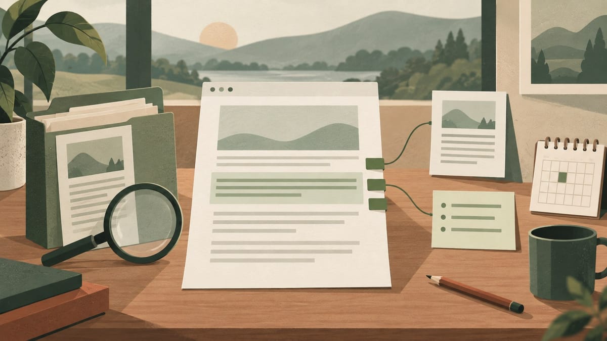 Conceptual illustration of a page, its source folder and review notes.