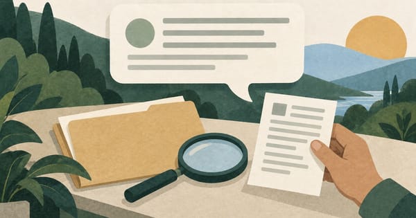 Conversation bubble, note, magnifying glass and folder arranged for review.