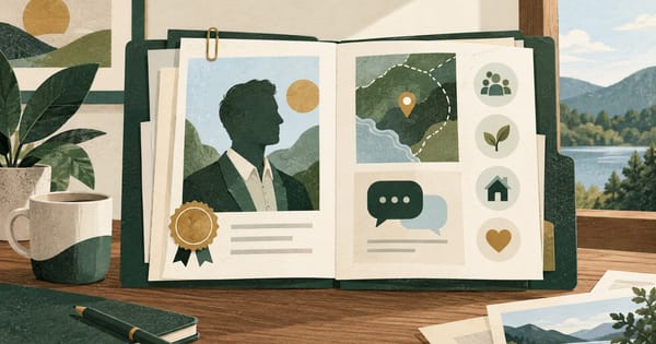Layered advisor profile with portrait silhouette, service symbols, and conversation icon.