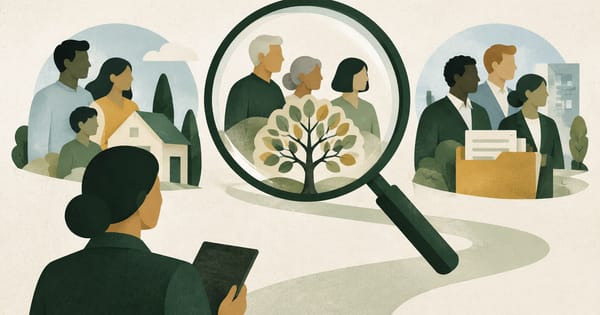Illustrated client groups and planning decisions viewed through a magnifying glass.