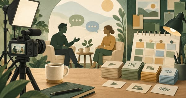 Video interview setup with production materials and a content calendar.