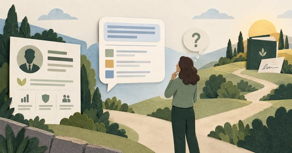 An advisor profile and AI-style answer near a person considering whether to make an inquiry.