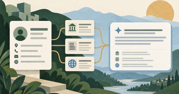Illustration of an advisor profile, public source cards and an AI answer with references.