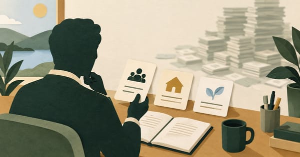 Advisor choosing a focused client-question topic from a few cards while a large data stack sits in the background.