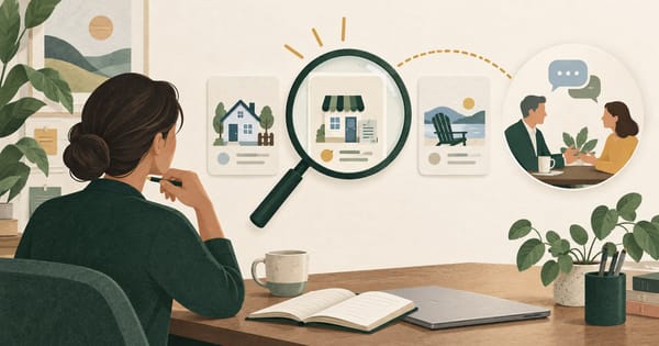 Advisor evaluating public planning signals through a magnifying glass.