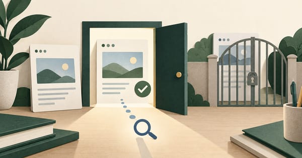 Illustrated webpage cards at an open doorway and a locked gate, with a magnifier checking access.